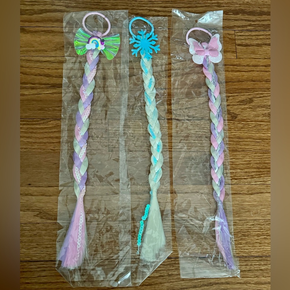 Trio of Novelty and Colorful Braided Hair Ties with 3D Details -NWOT